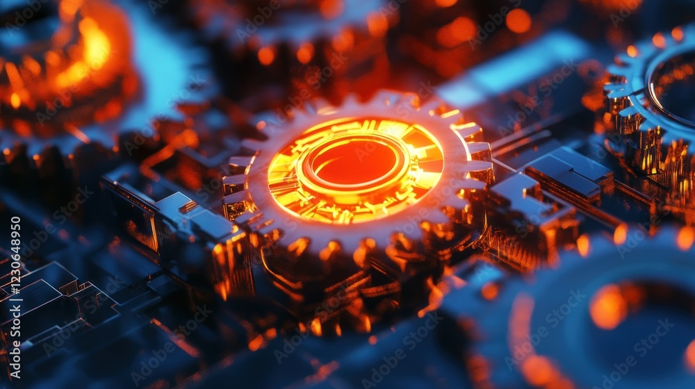 Poster illuminated gears interlocking in complex machinery