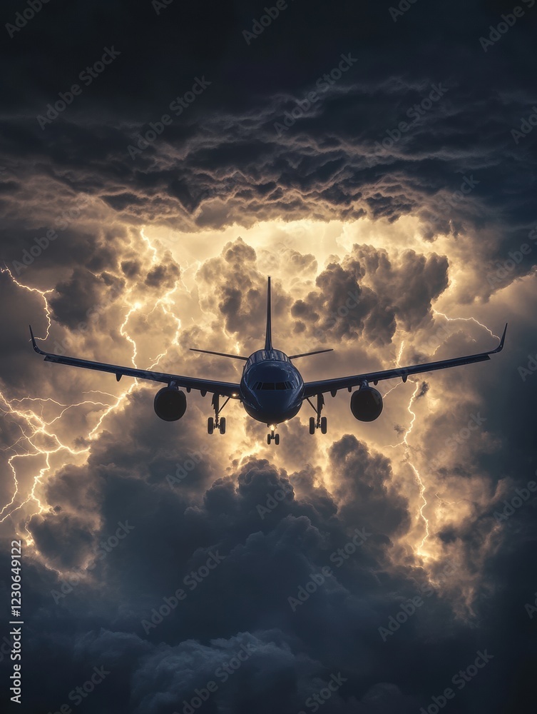 Poster airplane navigates turbulent stormy clouds with flashes of lightning in the night sky. generative ai