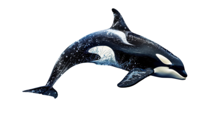 Orca whale jumping out of the ocea water splashing, isolated on transparent background.
