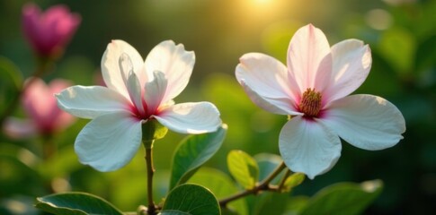 Fototapeta premium White and pink magnolia flowers in a garden with lush greenery, garden, flowers
