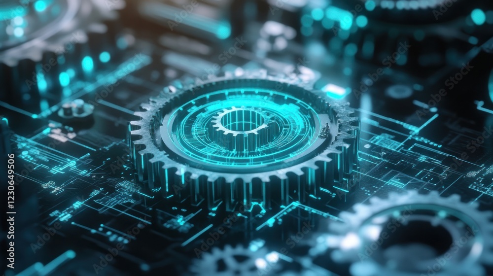Poster Futuristic Gears Interconnected on a Technological Circuit Board