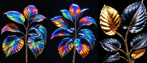 Abstract Metallic Foliage: 3D Rendered Leaves with Vibrant Colors and Glossy Finish. A Modern Design Element with High Contrast and Intricate Detail. Ideal for luxury backgrounds and contemporary art