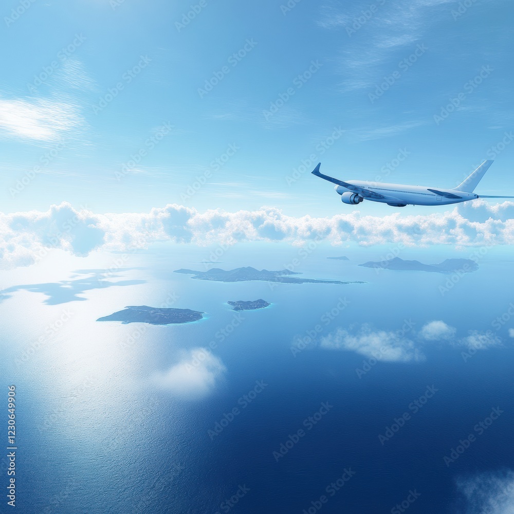 Poster flying over the vast blue ocean with small islands scattered beneath a clear sky. generative ai