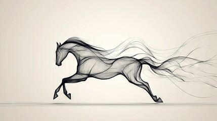   A monochrome image of a majestic steed with an extended mane billowing in the breeze