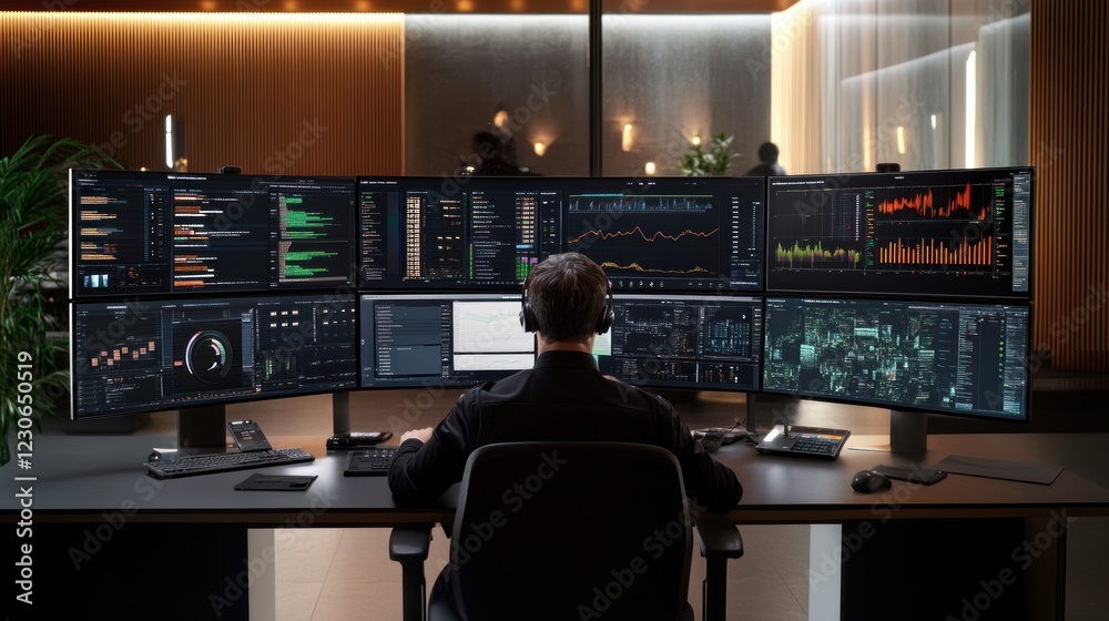 Poster A Person Monitors Multiple Screens Displaying Data