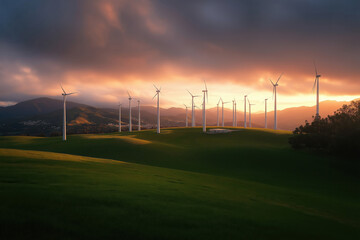 Wind turbines generate clean energy at sunset in a scenic hilly landscape