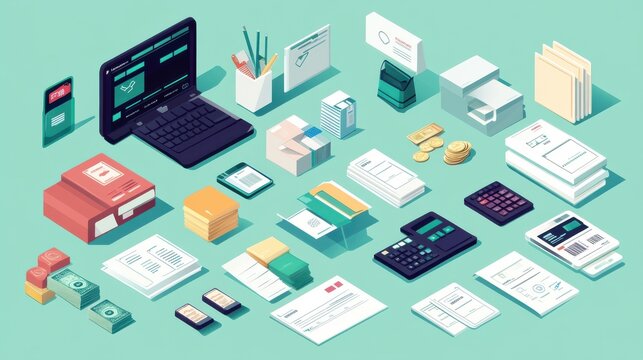 Payroll System Illustrations, Flat vector designs showcasing various payroll components, emphasizing efficiency and organization in financial management