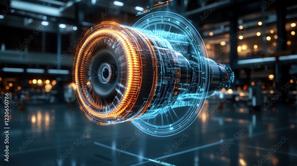 Poster digital hologram of a jet engine in a factory