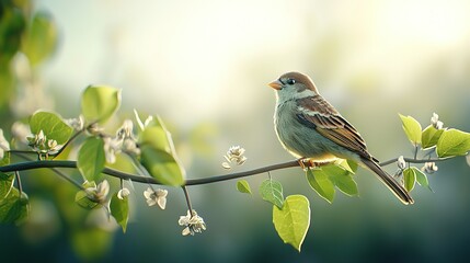   A bird perched on a tree branch with white flowers in front and a green, blurry background