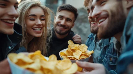 Fotobehang Closeup image of friends eating and sharing potato chips together © Johannes