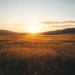 Captivating sunset over a tranquil meadow filled with wildflowers, framed by rolling hills and a vibrant sky.