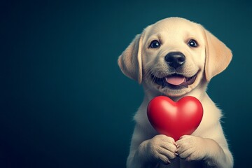 Marketing artwork. Labrador retriever - my preferred dog. Cute labrador retriever doggy with animal toy red heart - symbol of love, funny greeting card. Valentine's animal photography ideas.