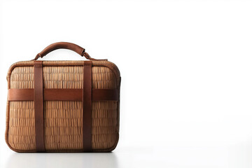 Stylish woven bag with leather straps on a clean white background