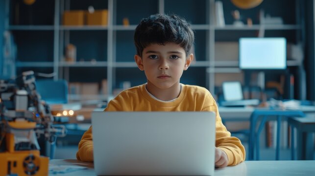 School kid boy using laptop computer with mockup blank empty screen sitting at table during STEM class. Junior school robotics workshop, programming coding robots for students science engineering ads