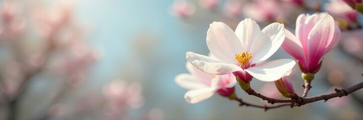 Fototapeta premium White and pink magnolia flowers swaying gently in the breeze, magnolia, spring, blossom
