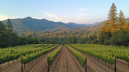 Fototapeta premium Vineyard Landscape with Rolling Hills and Mountains under a Clear Sky
