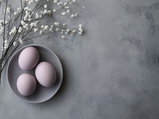 Contemporary flat-lay still life with purple Easter eggs. A cozy and moody setup with purple eggs resting on luxurious gray background, complemented by soft white botanical elements