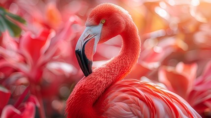 Obraz premium A flamingo is standing in a field of red flowers