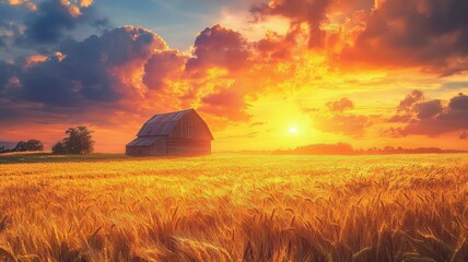 Golden sunset over a wheat field with a rustic barn.