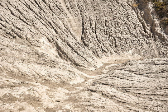 Detail of structures of eroded hills of Komolithi earth pyramids on the island of Crete