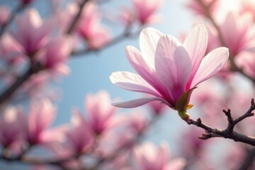 Fototapeta premium White and pink magnolia flowers swaying gently in the breeze, wind, nature