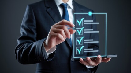 Businessman Managing Tasks with Digital Checklist