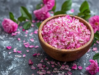 Fresh Pink Rose Petals in Wooden Bowl on Rustic Surface
