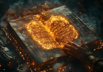 An Ancient Book with Glowing Orange Runes, a Person's Hands Gently Touching It

