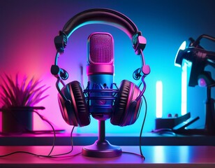 a close up of a microphone and headphones for podcasting or asmr sounds on black stand in a neon led lighting cyan and magenta in a sound recording studio vertical generative ai technology