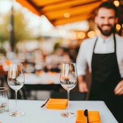 Obraz premium A cheerful waiter stands in a vibrant outdoor restaurant setting, ready to serve guests with elegantly set tables.