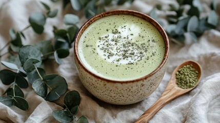   A close-up photo of a steaming bowl of broccoli soup with a spoon placed beside a vibrant plant