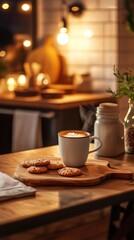 Cozy kitchen coffee, cookies, warm lights, evening