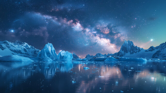 Milky way arching over a serene arctic landscape with icebergs and calm water reflecting the stars. Arctic Arch. Illustration