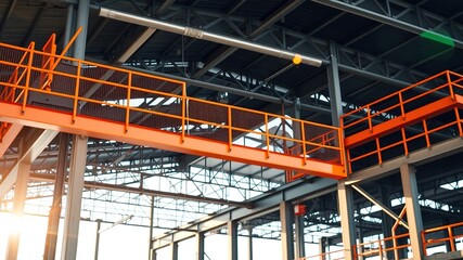 Steel Frame Building Under Construction - Orange Safety Railings - Vibrant AI Photo