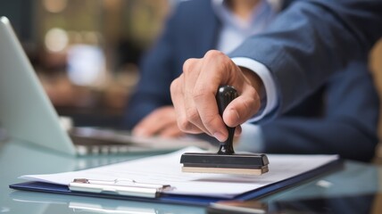 Fototapeta premium Authenticating Documents: A Close-up of a Person Stamping Official Papers