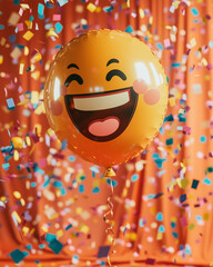 Smiley emoji balloon with confetti celebration
