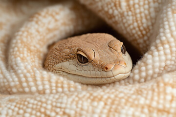 Obraz premium Giant leopard gecko resting comfortably in soft fabric on a warm afternoon