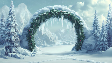 Stunning snowy arch formation with icy icicles hanging from the top and a beautiful evergreen wreath in the center creating a breathtaking holiday and winter themed. Arctic Arch. Illustration