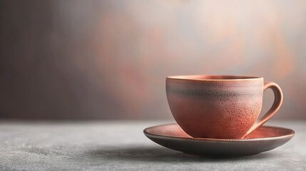    a cup and saucer placed on a saucer on a table, with a sharp focus on the objects and a blurred background