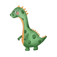 Cute green dino in the glasses,isolated sticker, dino clipart, dinosaur print, single element on the white background, digital watercolor, kids print, boy design
