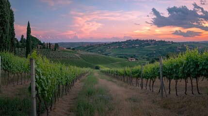 Naklejka premium Breathtaking views of the beautiful evening landscapes of the Tuscany region, vineyards and rolling hills