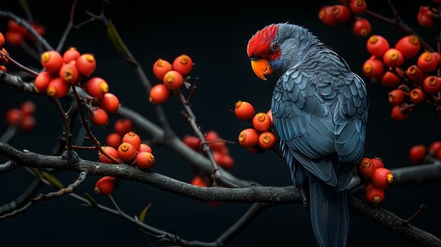 A blue and red bird perched on a branch with red berries