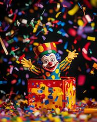  Colorful jack-in-the-box clown with confetti celebration