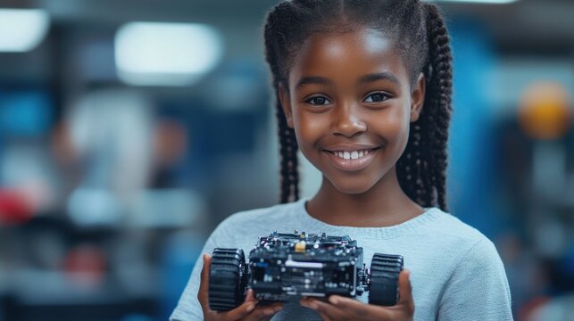 Happy African American junior school kid holding robotic car looking at camera at STEM class. Smiling black child preteen girl posing with robot vehicle. Portrait. Engineering and coding education.