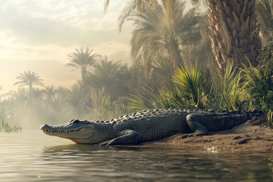 Crocodile resting riverbank, oasis sunrise, palm trees
