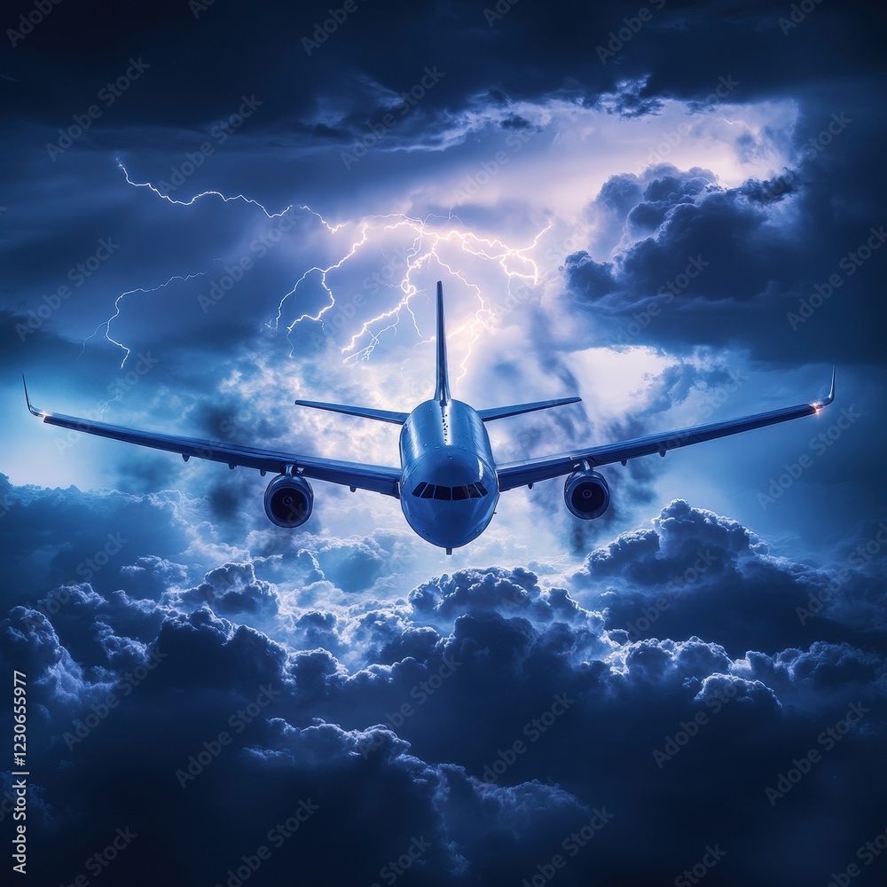 Poster Airplane navigates through intense stormy clouds with lightning illuminating the skies. Generative AI