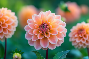 Fototapeta premium Dreamy Pastel Background of Blooming Dahlias and Peonies in Ethereal Sunlight and Soft Focus. Generative AI