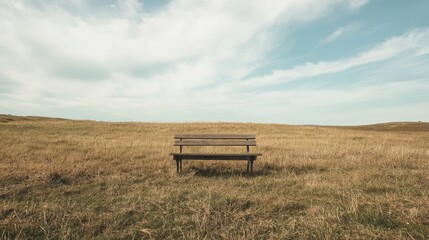Solitary wooden bench in a vast, grassy field under a partly cloudy sky.