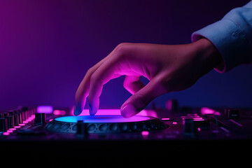 Hand operating a DJ mixer with colorful lighting effects during a music event