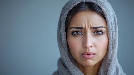 Fototapeta premium Adult Middle Eastern female showing frustration, undefined light gray backdrop